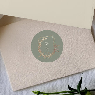 Classic Sage & Cream Monogram Gold Crest Wedding Round Sticker