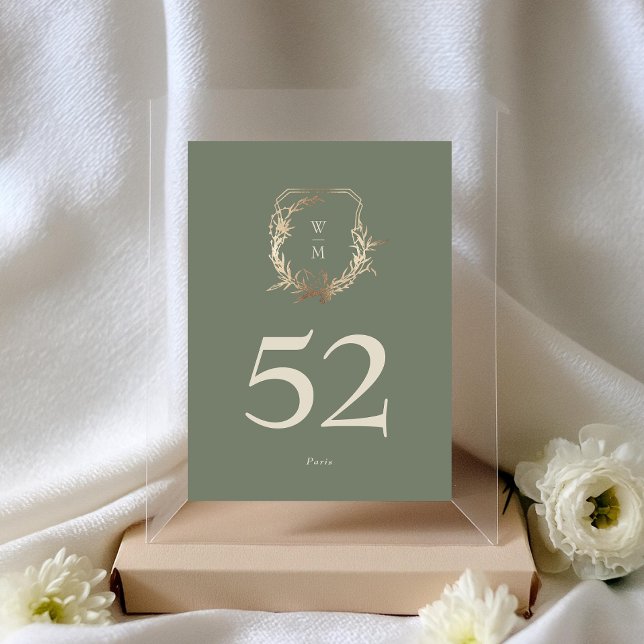 Classic Sage & Cream Monogram Gold Crest Wedding Table Number (Creator Uploaded)