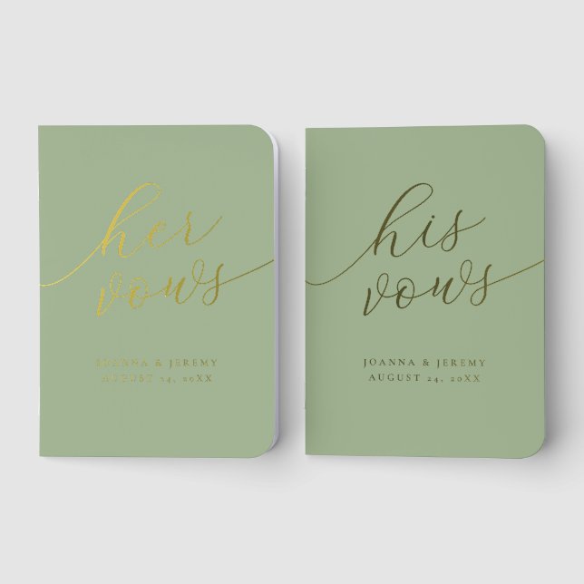 Classic Sage & Gold Script His & Hers Foil Vow Books (Front)
