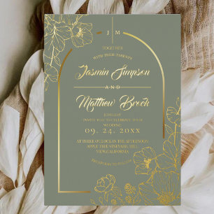 Classic Sage Green and Gold Wildflower Wedding Foil Invitation