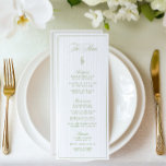 Classic Sage Green & Beige Striped Wedding Menu<br><div class="desc">This elegant wedding menu features a soft beige striped background paired with refined sage green serif typography and delicate script accents. Designed for garden weddings, formal outdoor receptions, and timeless celebrations. The back includes customizable initials (delete if not needed), offering a personalized touch for your event. Fully editable with your...</div>