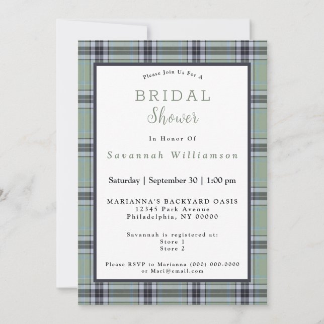 Classic Sage Green Blue Gray Tartan  Bridal Shower Invitation (Front)