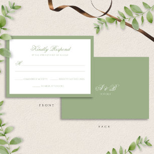 Classic Sage Green Border Monogram Script Wedding RSVP Card