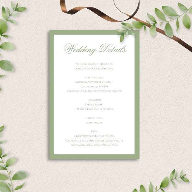 Classic Sage Green Border Script Wedding Details Enclosure Card (Creator Uploaded)