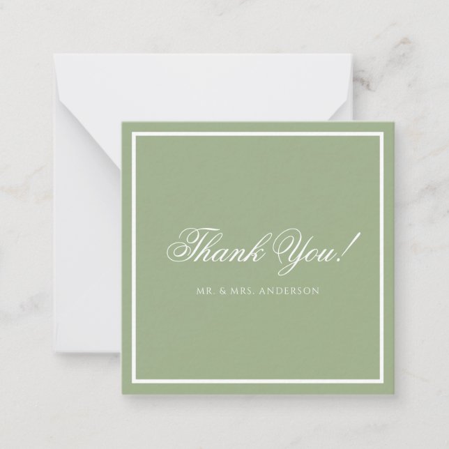 Classic Sage Green Border Script Wedding Thank You Note Card (Front)