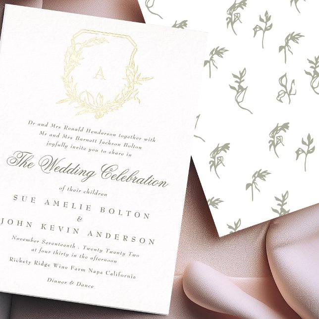 classic sage green botanical gold monogram crest foil invitation (Creator Uploaded)