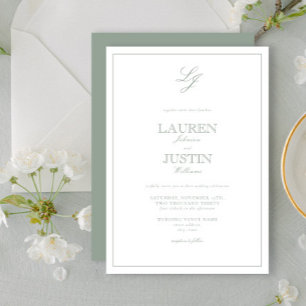 Classic Sage Green Calligraphy Monogram Wedding Invitation