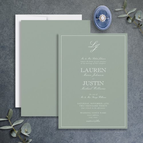 Classic Sage Green Calligraphy Monogram Wedding Invitation