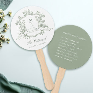 Classic Sage Green Crest Wedding Ceremony Timeline Hand Fan