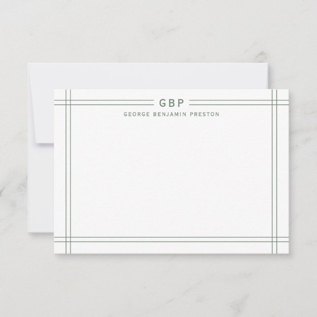 Classic Sage Green Double Line Border Monogram Note Card (Front)