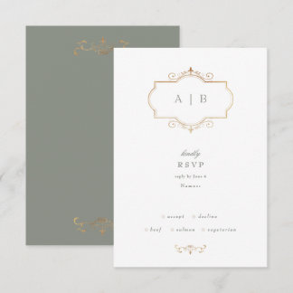 classic sage green elegant gold monogram wedding RSVP card