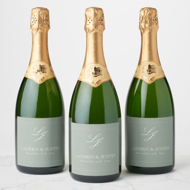 Classic Sage Green Elegant Monogram Script Wedding Sparkling Wine Label (Bottles)