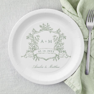 Classic Sage Green Floral Crest Monogram Wedding Paper Plates