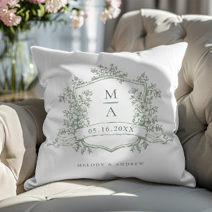 Classic Sage Green Floral Crest Monogram Wedding Throw Pillow