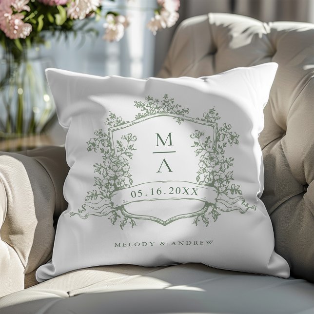 Classic Sage Green Floral Crest Monogram Wedding Throw Pillow (Creator Uploaded)