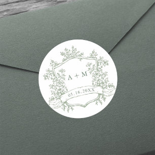 Classic Sage Green Floral Crest Monograms Classic Round Sticker