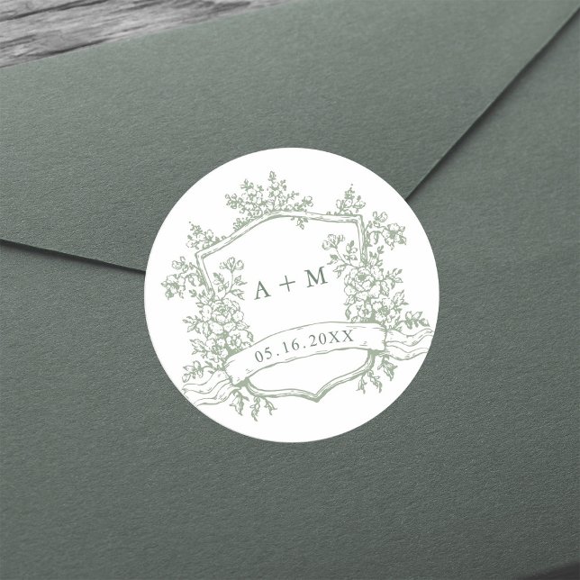 Classic Sage Green Floral Crest Monograms Classic Round Sticker (Creator Uploaded)