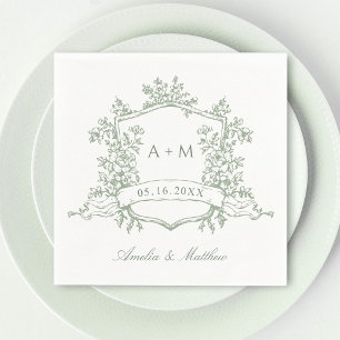 Classic Sage Green Floral Crest Monograms Wedding Napkins