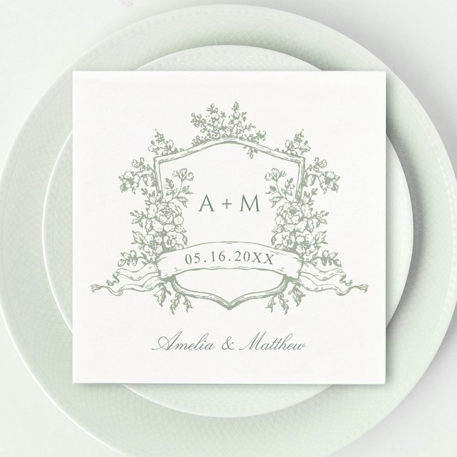 Classic Sage Green Floral Crest Monograms Wedding Napkins (Creator Uploaded)