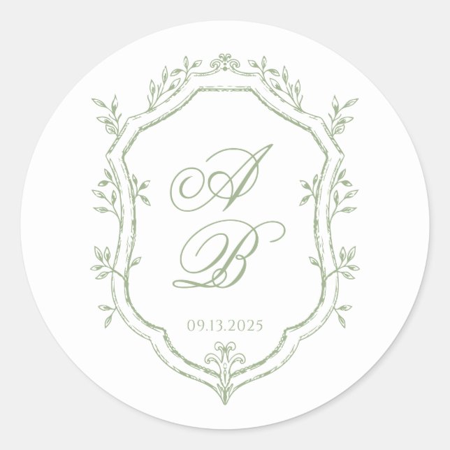 Classic Sage Green Floral Monogram Crest Wedding Classic Round Sticker (Front)