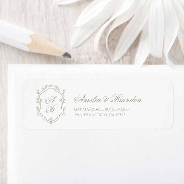 Classic Sage Green Floral Monogram Crest Wedding Label (Insitu)