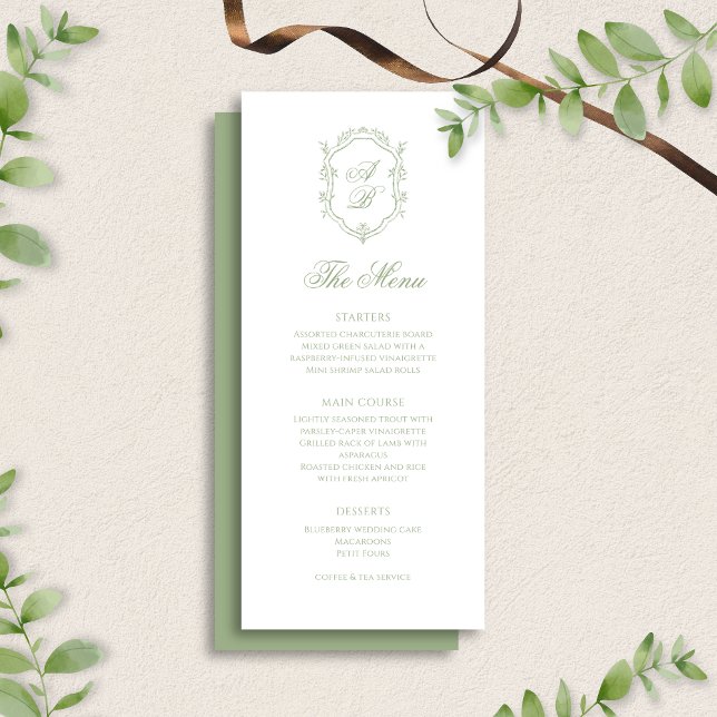 Classic Sage Green Floral Monogram Crest Wedding Menu (Creator Uploaded)