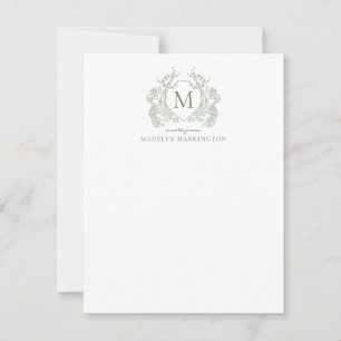 Classic Sage Green Floral Vintage Crest Monogram Note Card