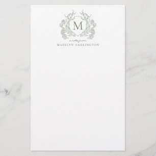 Classic Sage Green Floral Vintage Crest Monogram Stationery