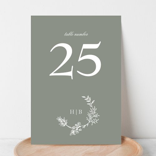 Classic Sage Green Floral Wreath Monogram Table Number