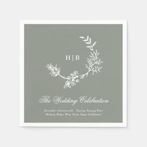 Classic Sage Green Floral Wreath Monogram Wedding Napkins