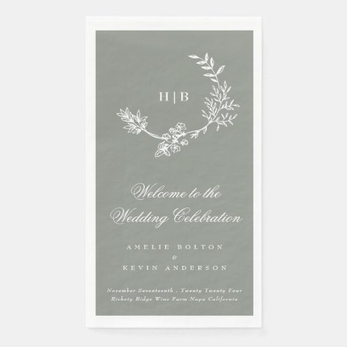 Classic Sage Green Floral Wreath Monogram Wedding Paper Guest Towels