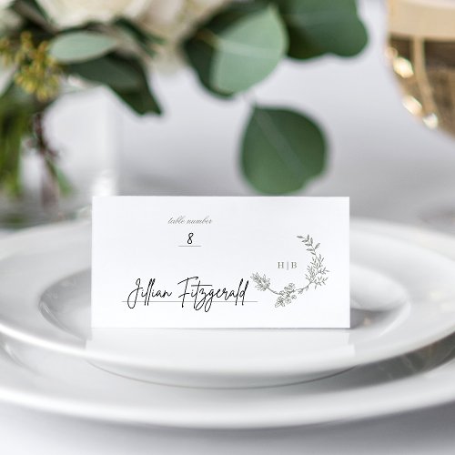 Classic Sage Green Floral Wreath Monogram Wedding Place Card