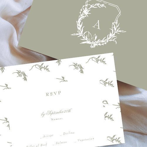 classic sage green florals monogram crest wedding RSVP card
