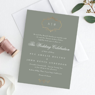 classic sage green gold crest monogram wedding invitation