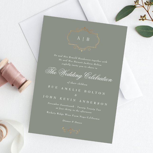 classic sage green gold crest monogram wedding invitation (Creator Uploaded)