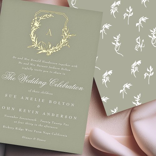 classic sage green gold monogram crest wedding foil invitation