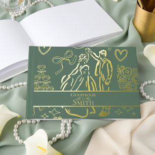 Classic Sage Green Hand Drawn Wedding Sketch Art Foil Guest Book