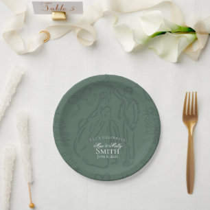 Classic Sage Green Hand Drawn Wedding Sketch Art Paper Plates