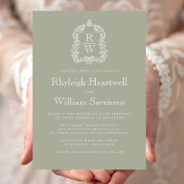 Classic Sage Green Monogram Crest Wedding Invitation
