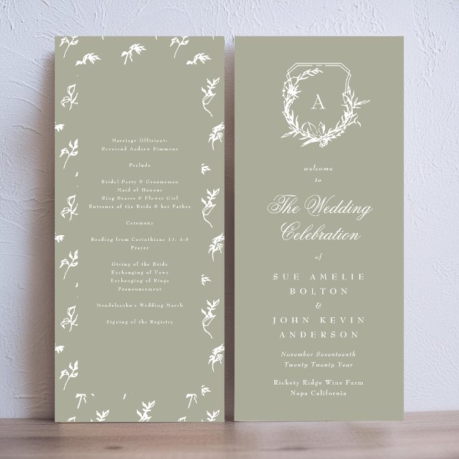 classic sage green monogram crest wedding program (Creator Uploaded)