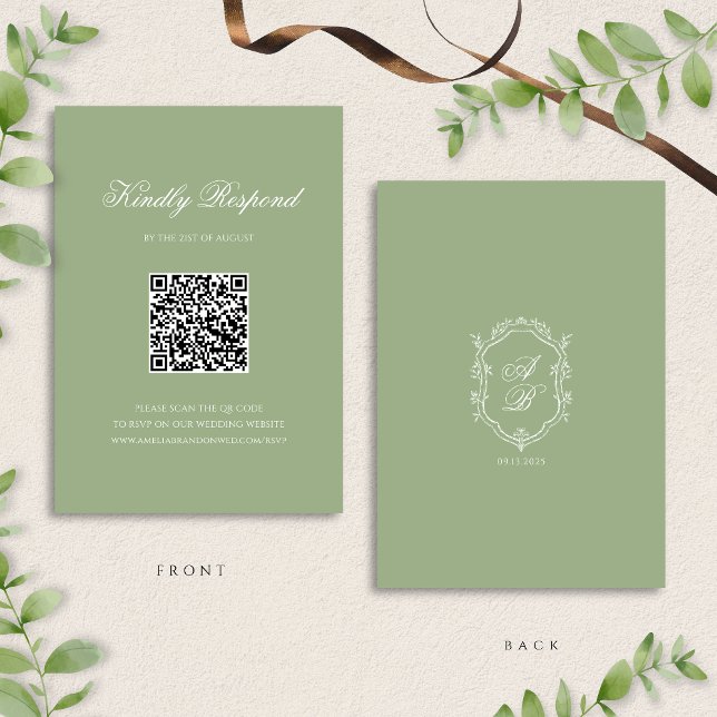 Classic Sage Green Monogram Crest Wedding QR Code RSVP Card (Creator Uploaded)
