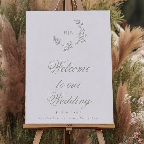 Classic Sage Green Monogram Floral Wedding Welcome Foam Board