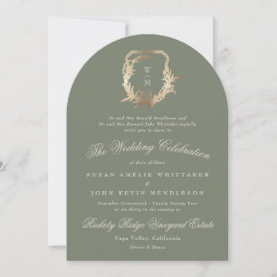 Classic Sage Green Monogram Gold Crest Arch Invitation