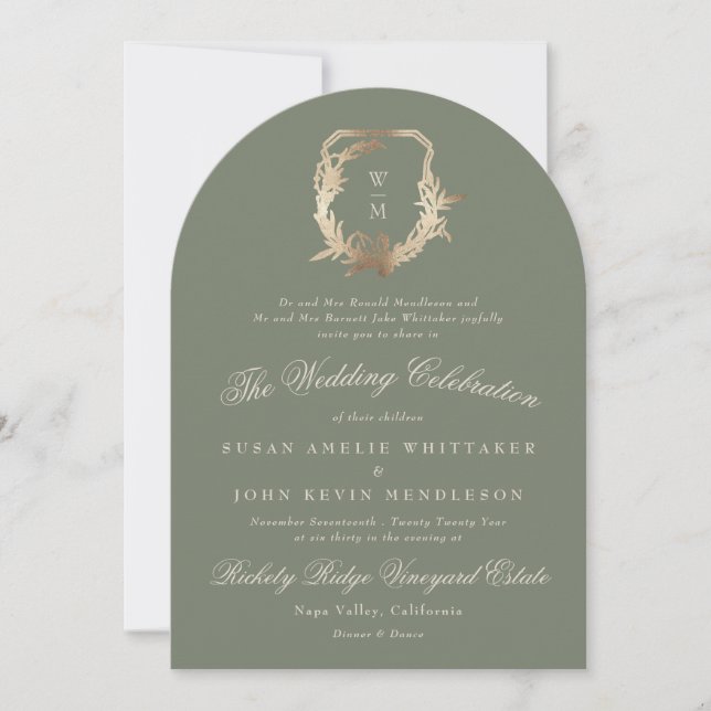 Classic Sage Green Monogram Gold Crest Arch Invitation (Front)