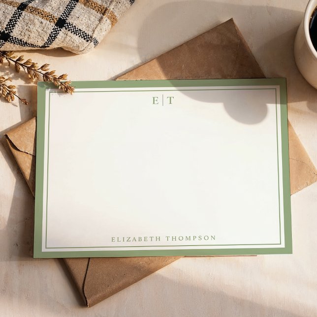 Classic Sage Green Monogram Name Border Note Card (Creator Uploaded)