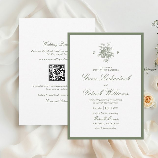 Classic Sage Green Monogram QR Code Wedding Invitation (Creator Uploaded)