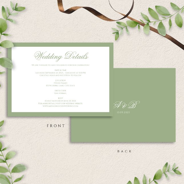 Classic Sage Green Monogram Script Wedding Details Enclosure Card (Creator Uploaded)