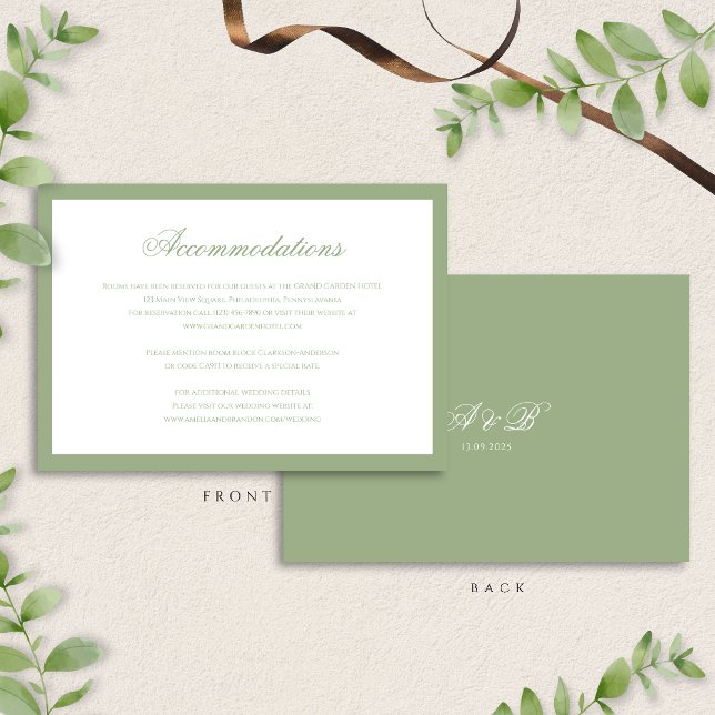 Classic Sage Green Monogram Wedding Accommodation Enclosure Card (Creator Uploaded)