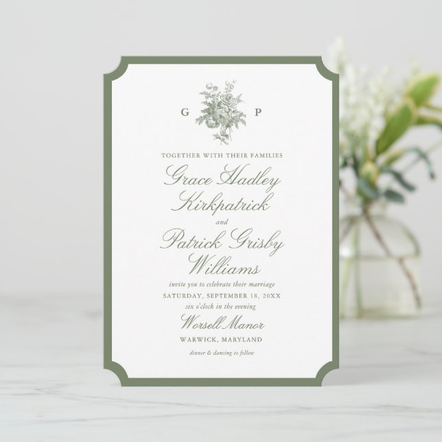 Classic Sage Green Monogram Wedding Invitation (Standing Front)