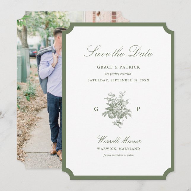 Classic Sage Green Monogram Wedding Save the Date (Front/Back)